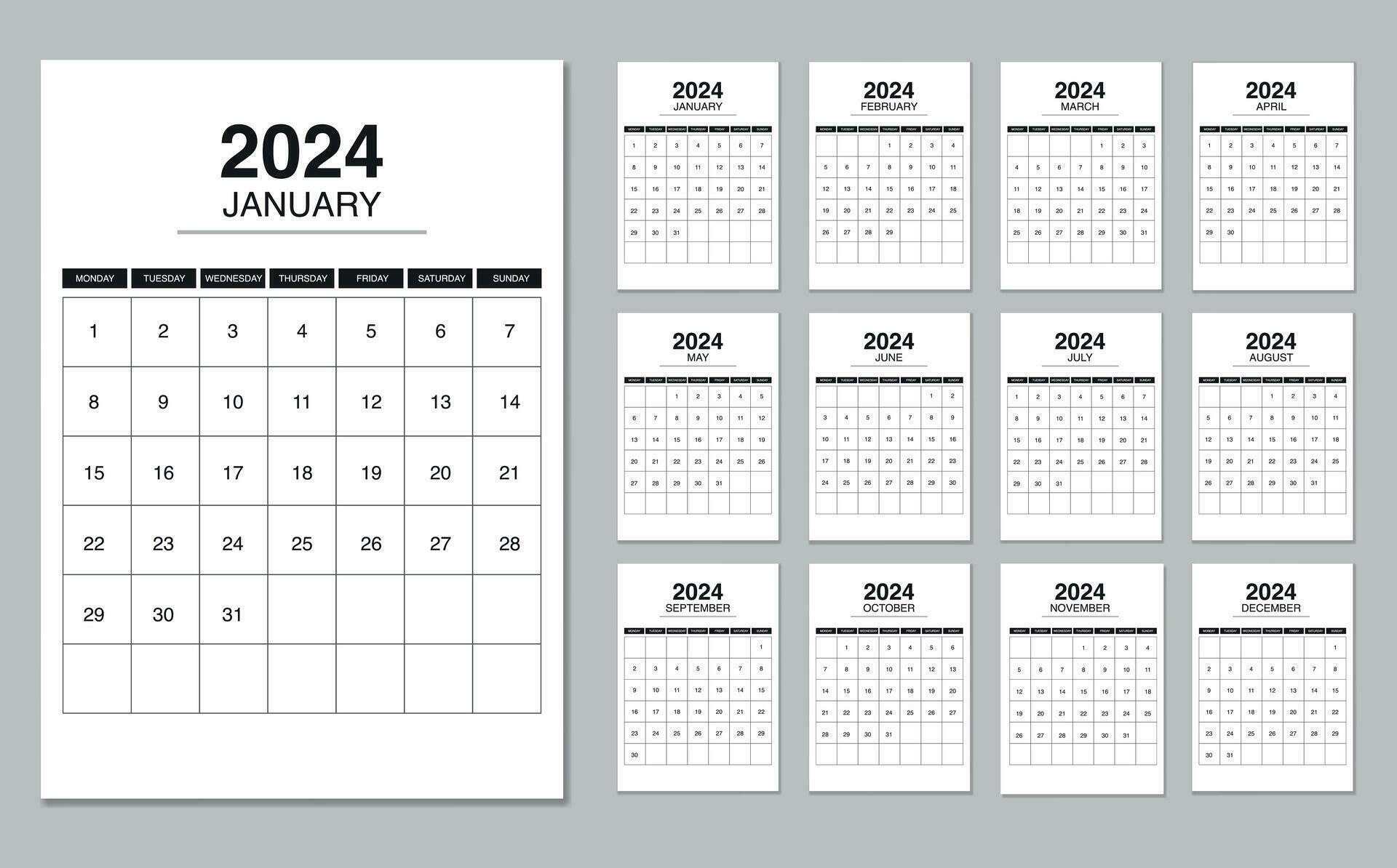 Kalender 2024 Vektor Illustration Brittisk Version Veckan Börjar