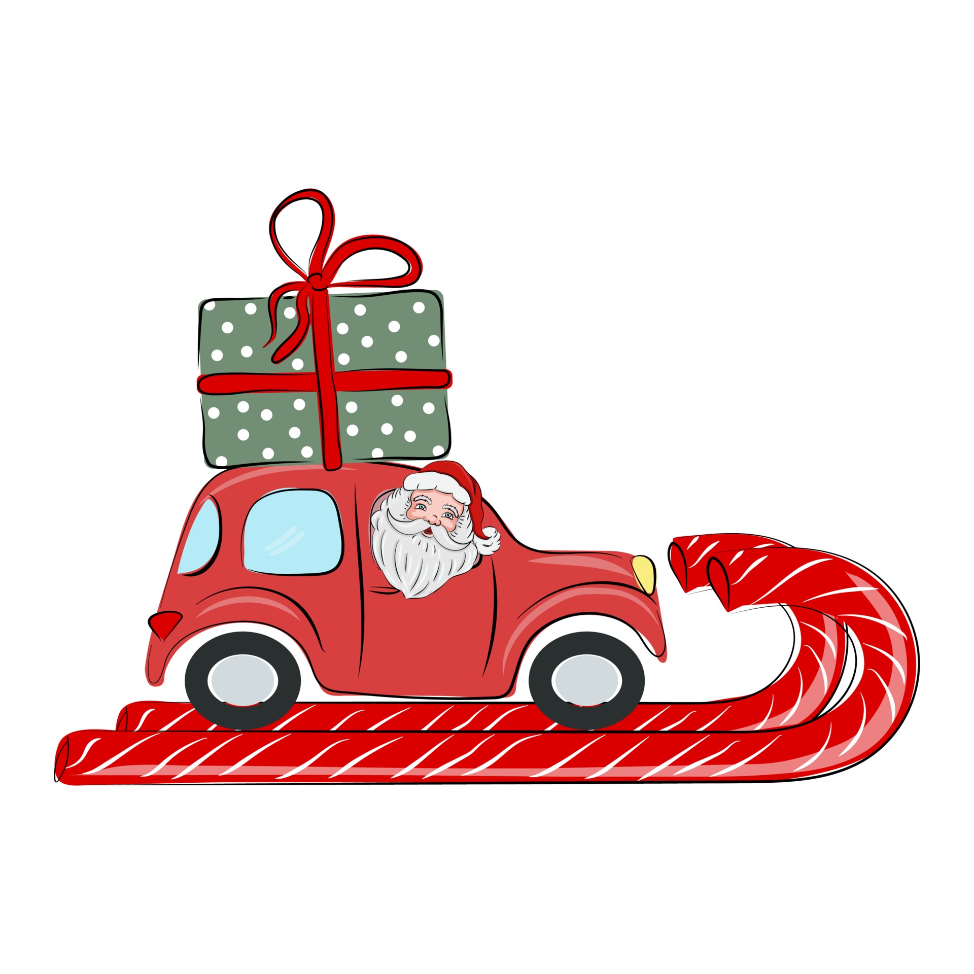 Der Weihnachtsmann fährt ein rotes Auto mit einem Geschenk