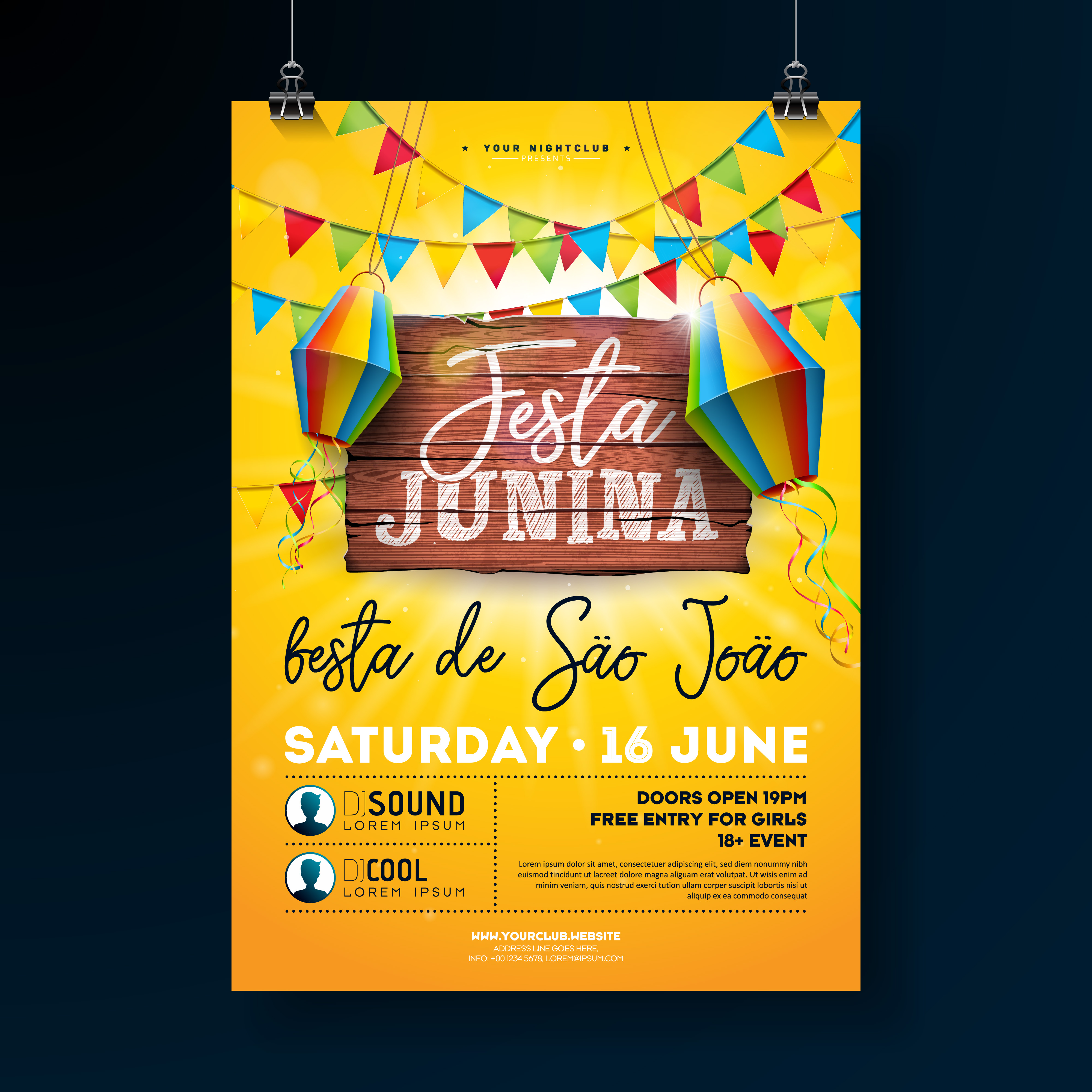 Festa Junina Party Flyer Illustration Mit Typografieentwurf Auf Holzernem Brett Der Weinlese Flaggen Und Papierlaterne Auf Hintergrund Des Blauen Himmels Vektor Brasilien Juni Festival Design Download Kostenlos Vector Clipart Graphics Vektorgrafiken