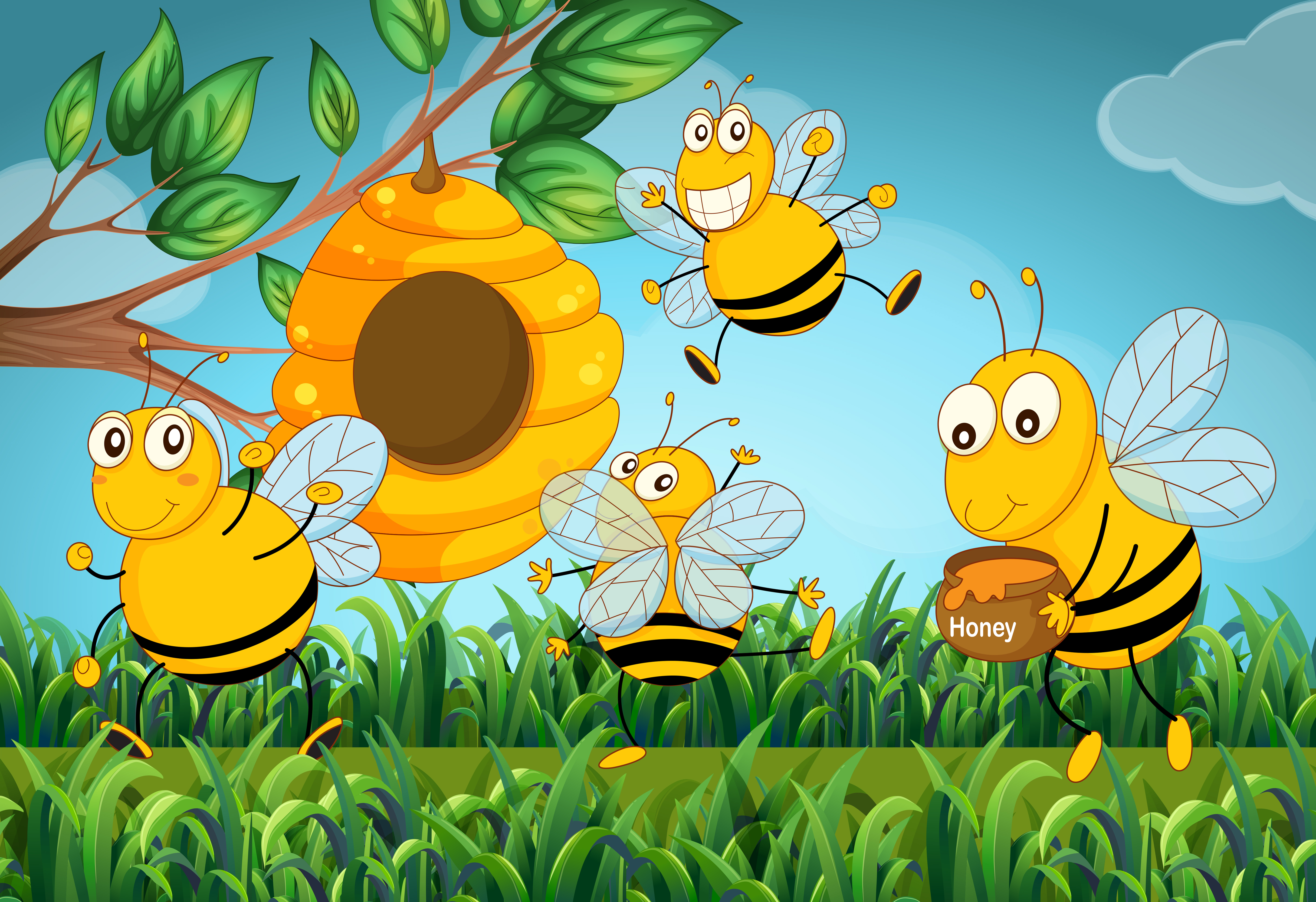 Vier Bienen Fliegen Um Den Bienenstock Download Kostenlos Vector Clipart Graphics Vektorgrafiken Und Design Vorlagen