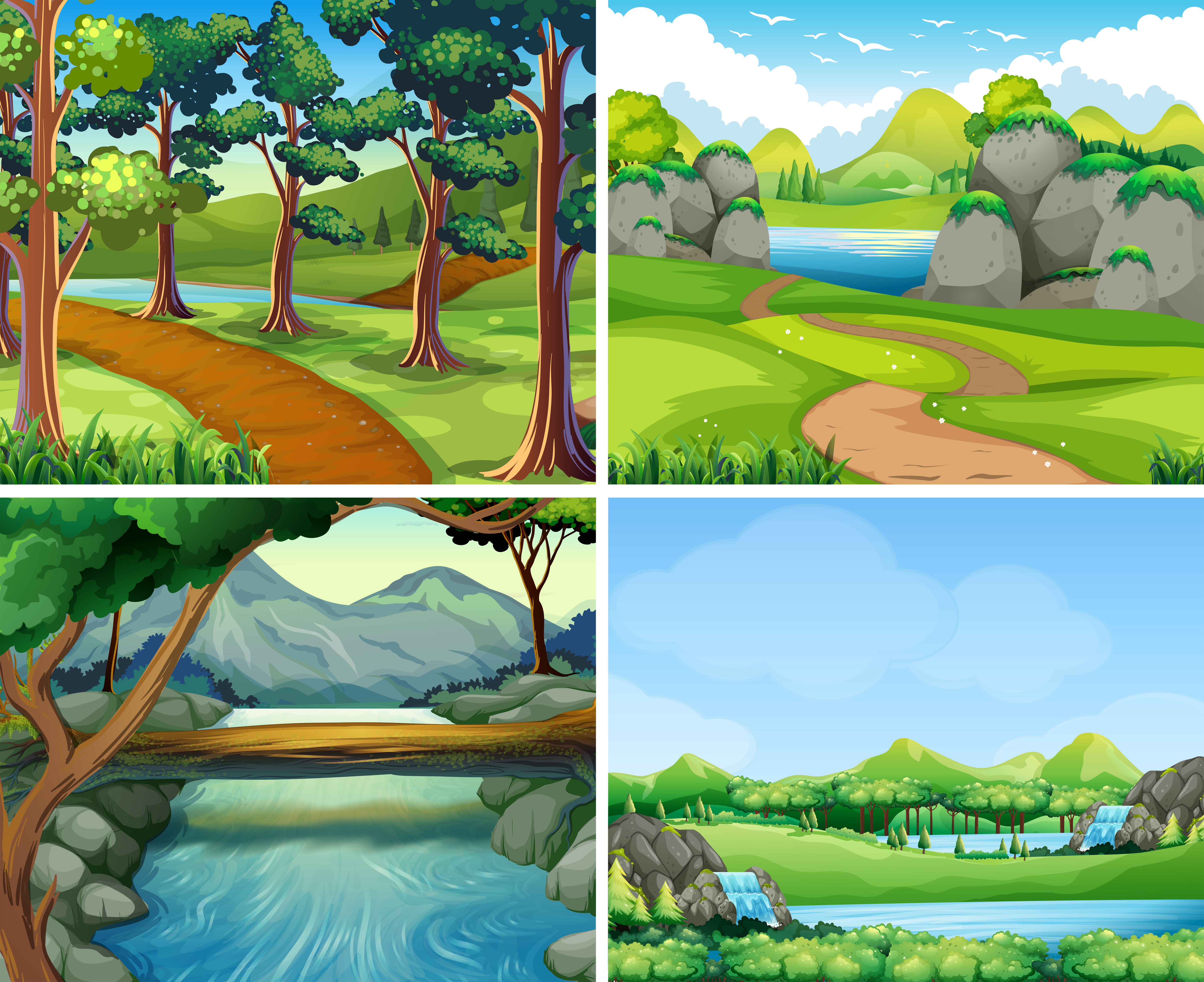 Vier Szenen Mit Fluss Und Baum Download Kostenlos Vector Clipart Graphics Vektorgrafiken Und Design Vorlagen