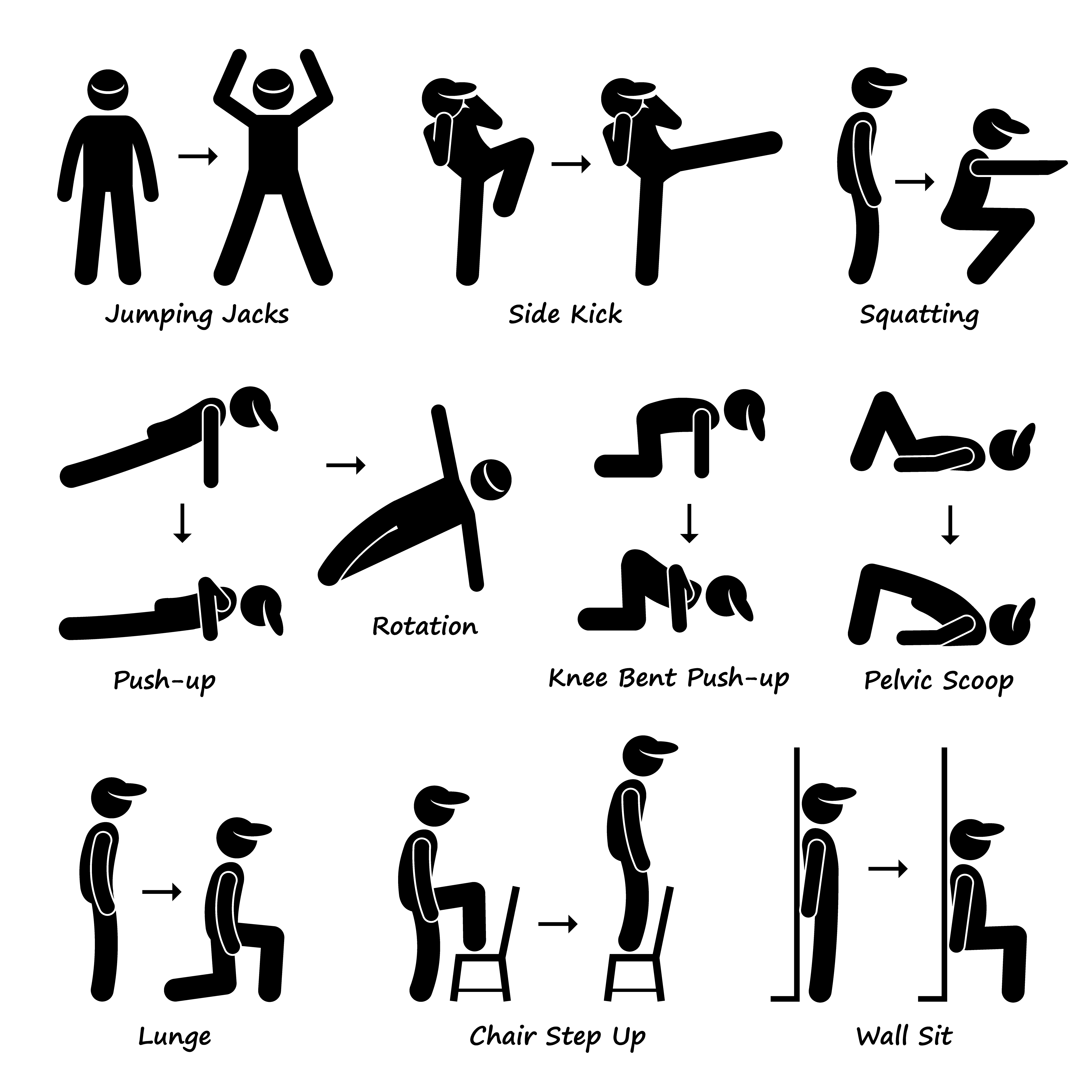 Body Workout Übung Fitnesstraining (Set 1) Strichmännchen Piktogramme