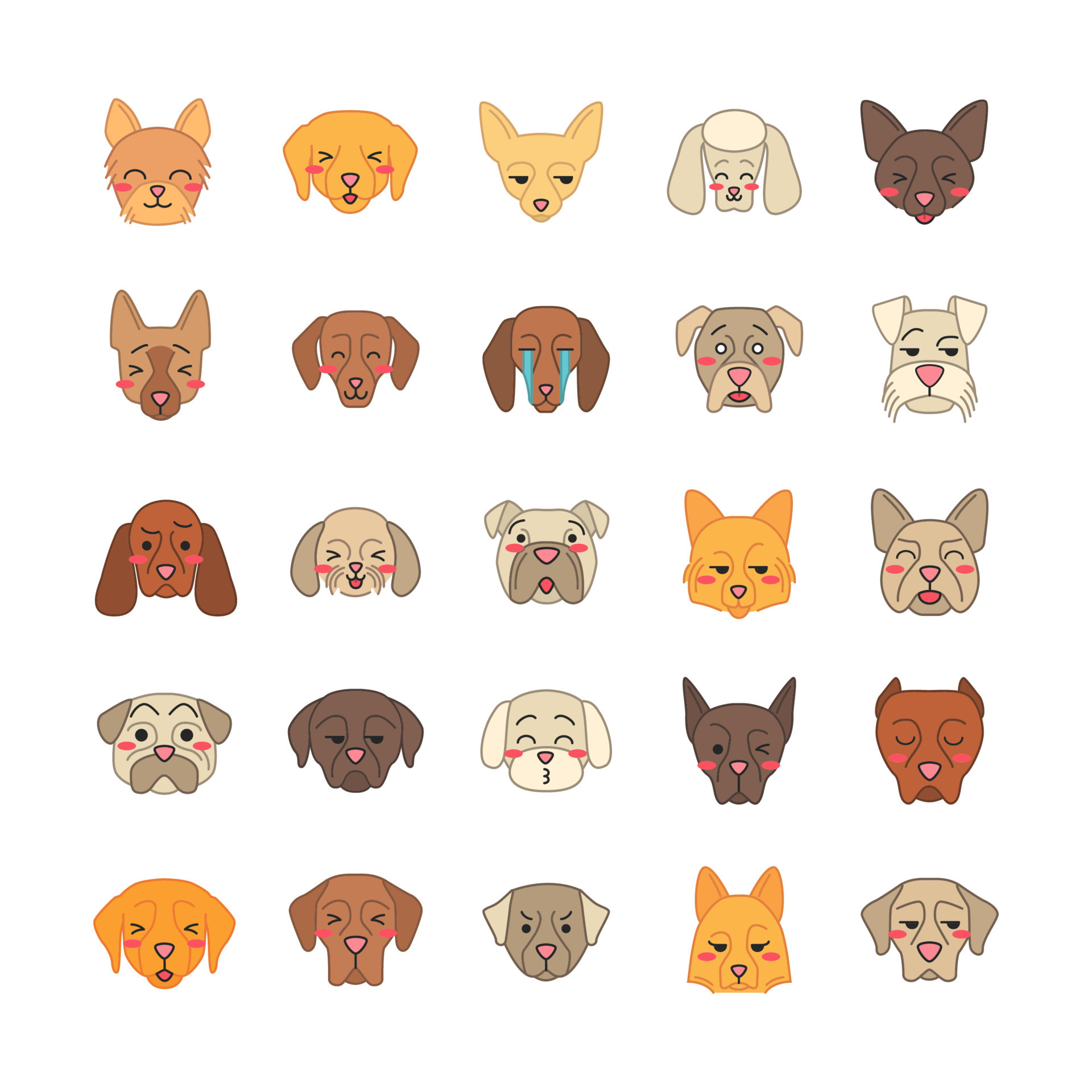 hunde süße kawaii vektorfiguren. Tiere mit lächelnden Schnauzen