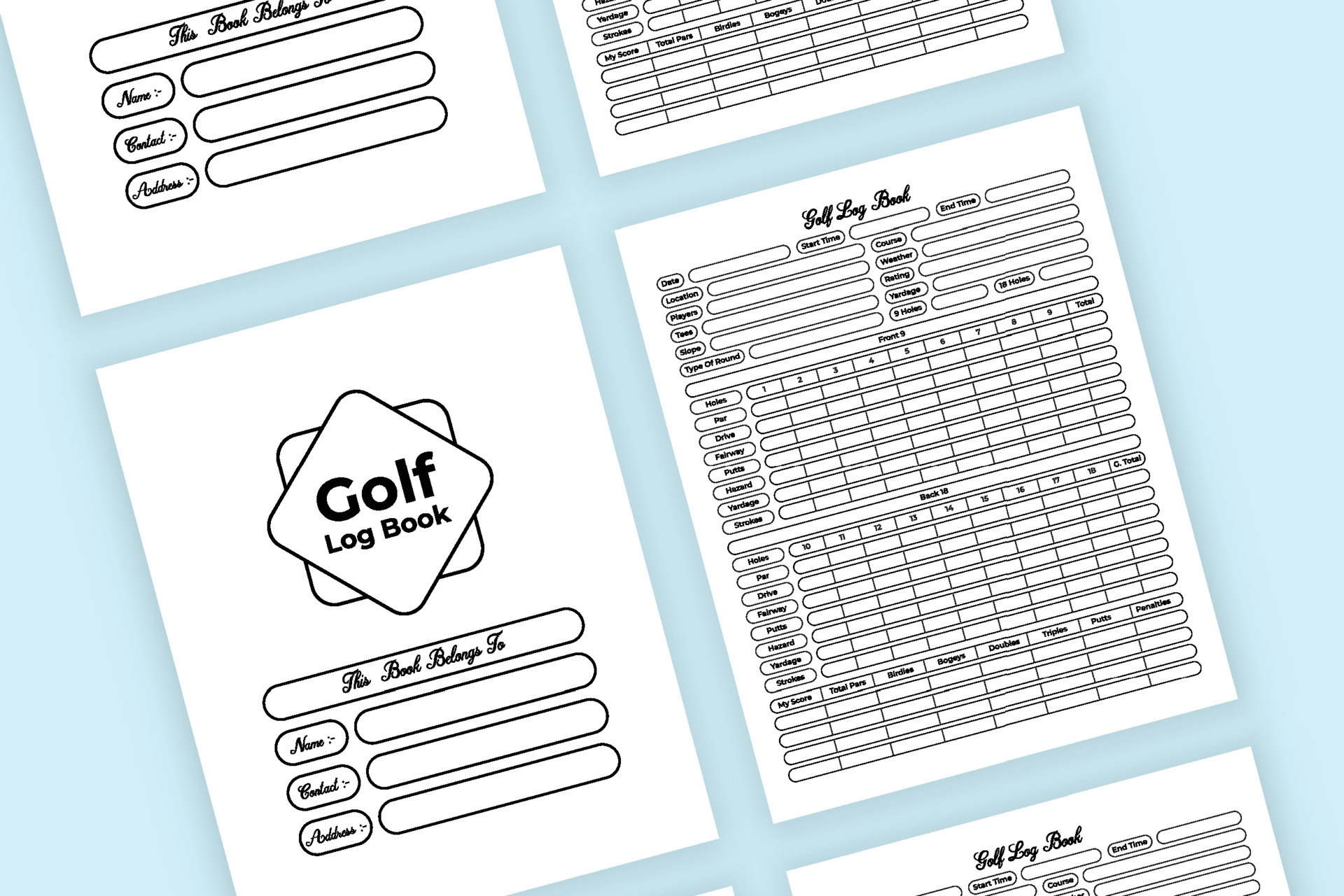 Innenvorlage für Golf-Score-Logbuch. Informationen zum Golfwagen und Spieler-Game-Score-Tracker-Interieur. Inneres einer Zeitschrift