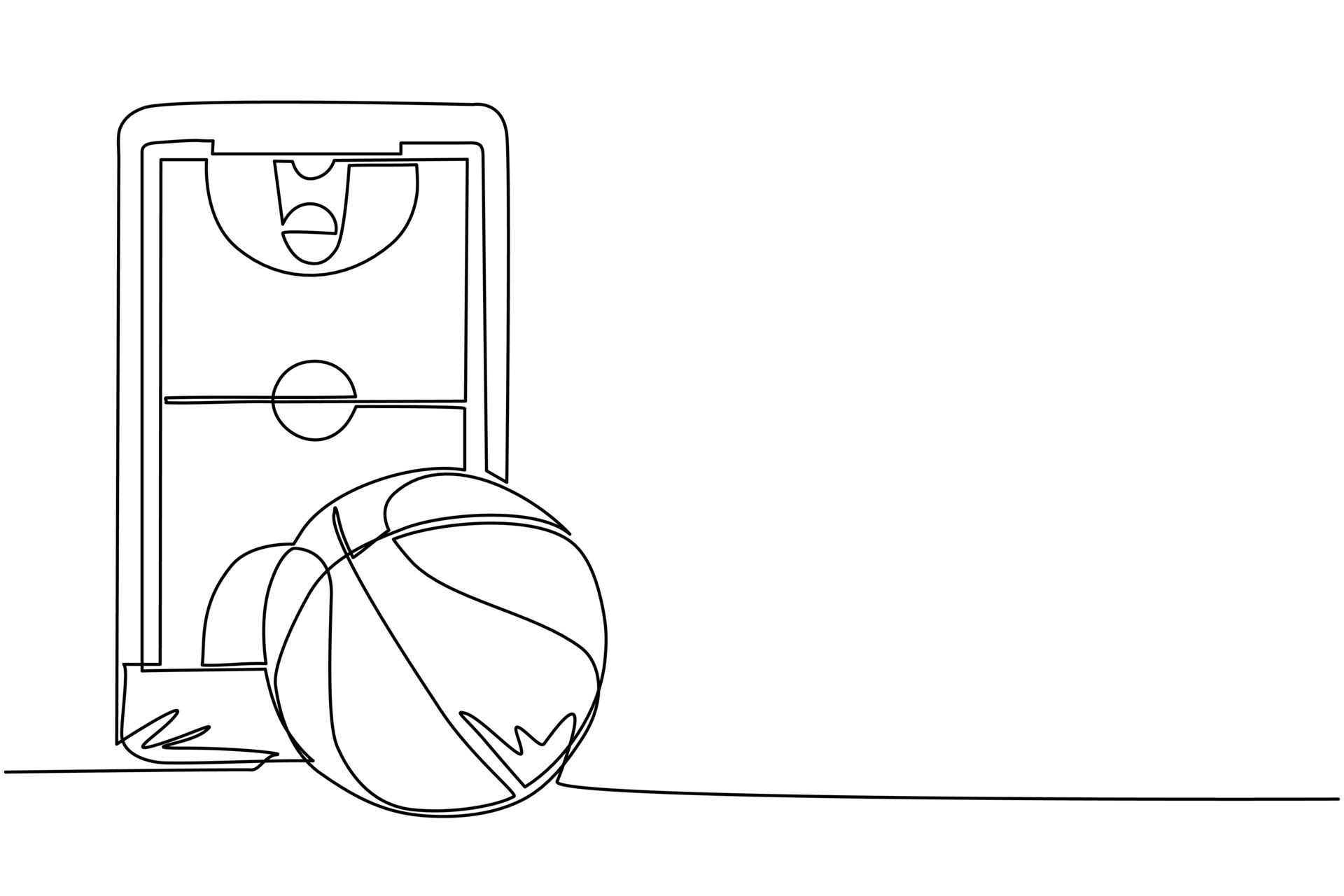 durchgehendes einzeiliges zeichnungs-smartphone mit app-basketballplatz und ball. Online-Basketballspiele. Smartphone-Anwendungen