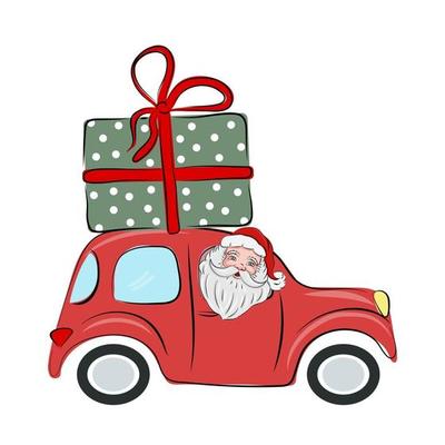 Der Weihnachtsmann fährt ein rotes Auto mit einem Geschenk auf