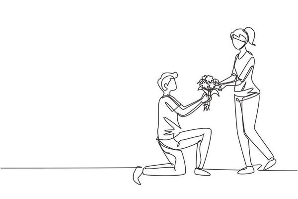 Single One Line Drawing Mann auf dem Knie, der Frau mit Blumenstrauß einen  Heiratsantrag macht. Verliebter Junge, der Blumen gibt. glückliches Paar  bereitet sich auf die Hochzeit vor. Design-Grafikvektor mit  kontinuierlicher Linie