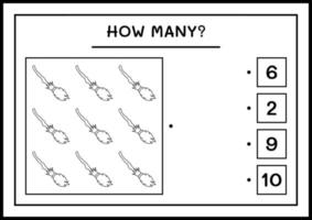 wie viele Besenmagie, Spiel für Kinder. Vektorillustration, druckbares Arbeitsblatt vektor