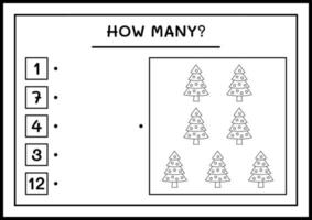 Wie viele Weihnachtsbaum, Spiel für Kinder. Vektorillustration, druckbares Arbeitsblatt vektor