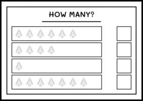 Wie viele Weihnachtsbaum, Spiel für Kinder. Vektorillustration, druckbares Arbeitsblatt vektor