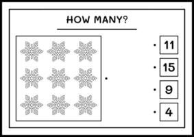 hur många snöflinga, spel för barn. vektor illustration, utskrivbart kalkylblad