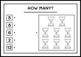 Wie viele Sanduhren, Spiel für Kinder. Vektorillustration, druckbares Arbeitsblatt vektor
