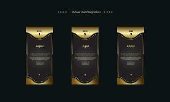 Satz von dreistufigen Premium-Tasten. Schritte Infografik-Vektorvorlage für Geschäftsplanung und Workflow-Design. Option mit drei Premium-Elementen und goldene Version auf dunklem Hintergrund vektor
