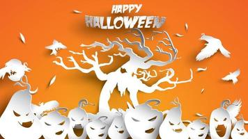 halloween bakgrund med pumpa, kråka och hemsökt träd skog i papperskonst carving stil. banner, affisch, flyer eller inbjudningsmall fest. vektor illustration.