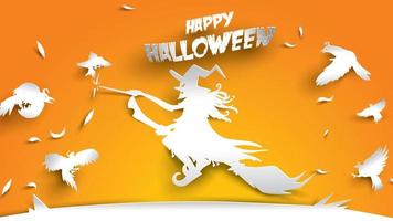 halloween bakgrund med häxa, kråka och kvastskaft i papperskonst carving stil. banner, affisch, flyer eller inbjudningsmall fest. vektor illustration.