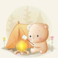 söt liten björn som steker marshmallow på lägerelden akvarellillustration vektor