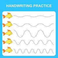 övningsblad för handstil. pedagogiska barn spel, återställa den streckade linjen. skrivträning utskrivbart kalkylblad med med vågiga linjer och fisk. vektor illustration