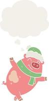 tecknad gris som bär julhatt och tankebubbla i retrostil vektor