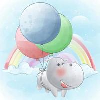 süßes kleines nilpferd, das mit luftballons fliegt vektor