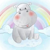 glad söt flodhäst med regnbågsbakgrund vektor