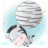 liten zebra flyger med djurtryckt ballong vektor