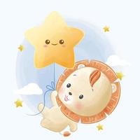 söt baby lejon flytande med stjärna ballong akvarell illustration vektor