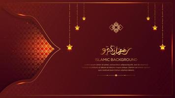 islamisk arabisk ramadan kareem elegant röd och gyllene lyx islamisk prydnadsbakgrund islamisk gräns och dekorativ hängande stjärnor prydnad med gyllene arabisk kalligrafi vektor