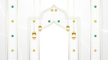 luxuriöser weißer und goldener ramadan kareem-grußhintergrund mit hängenden lampen und arabeskenmusterverzierung für grußkarte, banner, tapete, cover stock illustration vektor