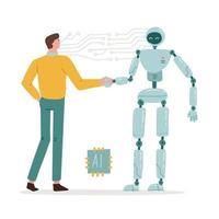 ai robot handslag med man. futuristisk artificiell intelligens teknologikoncept. digital teknik, robotinnovation. platt handritad vektorillustration