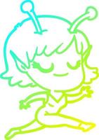 Kalte Gradientenlinie Zeichnung lächelndes Alien-Mädchen-Cartoon-Laufen vektor