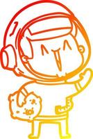 Warme Gradientenlinie zeichnet glücklichen Cartoon-Astronauten mit Mondgestein vektor