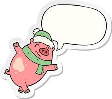 karikaturschwein mit weihnachtsmütze und sprechblasenaufkleber vektor