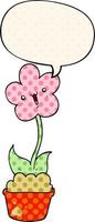 niedliche Cartoon-Blume und Sprechblase im Comic-Stil vektor