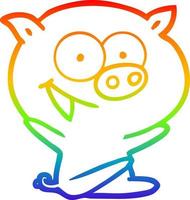 Regenbogen-Gradientenlinie, die fröhlich sitzende Schweinekarikatur zeichnet vektor