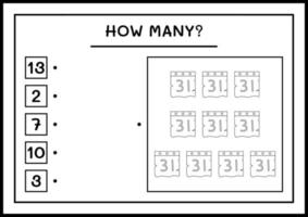 hur många kalender, spel för barn. vektor illustration, utskrivbart kalkylblad