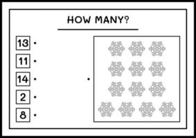 hur många snöflinga, spel för barn. vektor illustration, utskrivbart kalkylblad