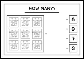 hur många julkalender, spel för barn. vektor illustration, utskrivbart kalkylblad