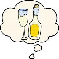 tecknad champagneflaska och glas och tankebubbla i serietidningsstil vektor