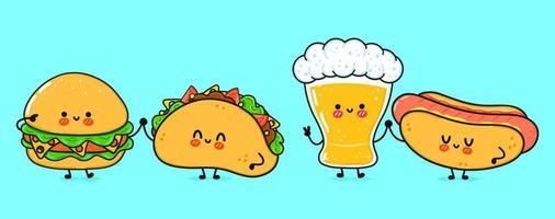 söta, roliga glada glas öl, varmkorv, hamburgare, taco. vektor handritad serie kawaii tecken, illustration ikon. rolig tecknad glas öl, korv, hamburgare, taco maskot vänner koncept