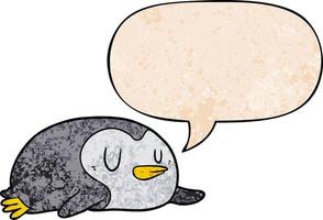 Cartoon-Pinguin und Sprechblase im Retro-Textur-Stil vektor