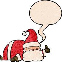 karikatur schläfriger weihnachtsmann, der daumen hoch gibt, symbol und sprechblase im retro-texturstil vektor