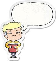 Cartoon ängstlicher Junge mit Buch und Sprechblase beunruhigter Aufkleber vektor