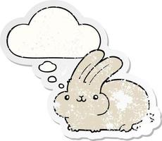 Cartoon-Kaninchen und Gedankenblase als beunruhigter, abgenutzter Aufkleber vektor