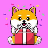 niedlicher shiba inu mit geschenkbox-cartoon-vektor-symbol-illustration. tierisches flaches karikaturkonzept vektor