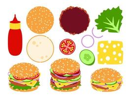 Burger, Zutaten zum Kochen von Hamburger und Cheeseburger vektor
