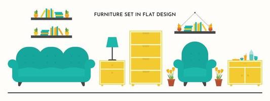 platt möbelset illustration vektor i grön soffa gult skåp och för vardagsrum dekoration design