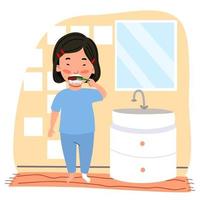 en asiatisk kvinna med kort hår i pyjamas borstar tänderna i badrummet. vektor