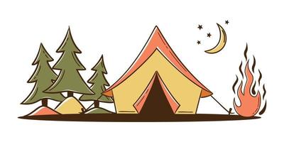 abenteuerkonzept mit campingzelt, wald und lagerfeuer. Camping, Reisen, Ausflug, Wandern, Natur, Reise, Konzept vektor