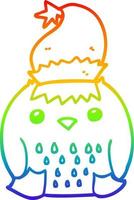 Regenbogengradientenlinie zeichnet niedliche Cartoon-Eule mit Weihnachtsmütze vektor