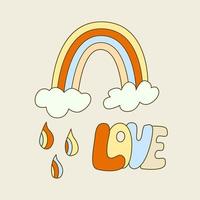 Hippie-Vibe-Poster mit Regenbogen und Wolken. Retro-Vektorillustration der 70er Jahre. grooviger Cartoon-Stil. liebe handgezeichnete schriftzüge. vektor